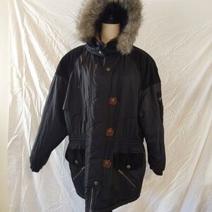 Mariel Hooded Parka Vintage  Faux Fur Nylon Drawstring Black Coat Sz L